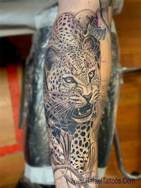 tattoos/ - Black and Grey Leopard Portrait Tattoo  - 142152